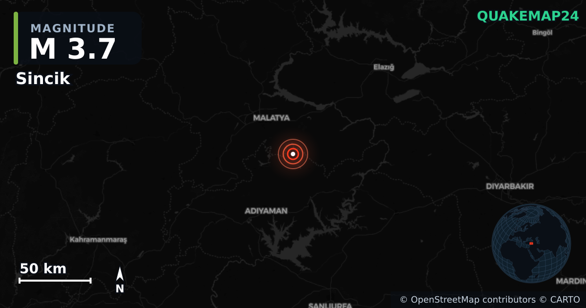 M3.7 earthquake near Sincik on Jan 27, 2026 — map of epicenter and shaking intensity | QuakeMap24