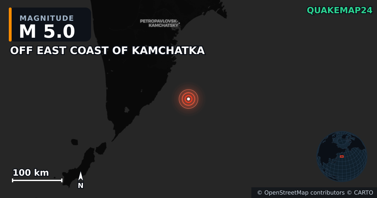 M5.0 earthquake near OFF EAST COAST OF KAMCHATKA on Dec 16, 2025 — map of epicenter and shaking intensity | QuakeMap24
