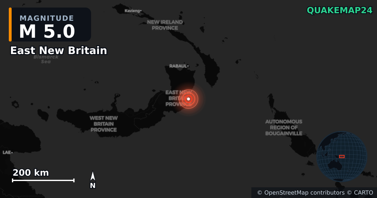 M5.0 earthquake near East New Britain on Oct 21, 2025 — map of epicenter and shaking intensity | QuakeMap24
