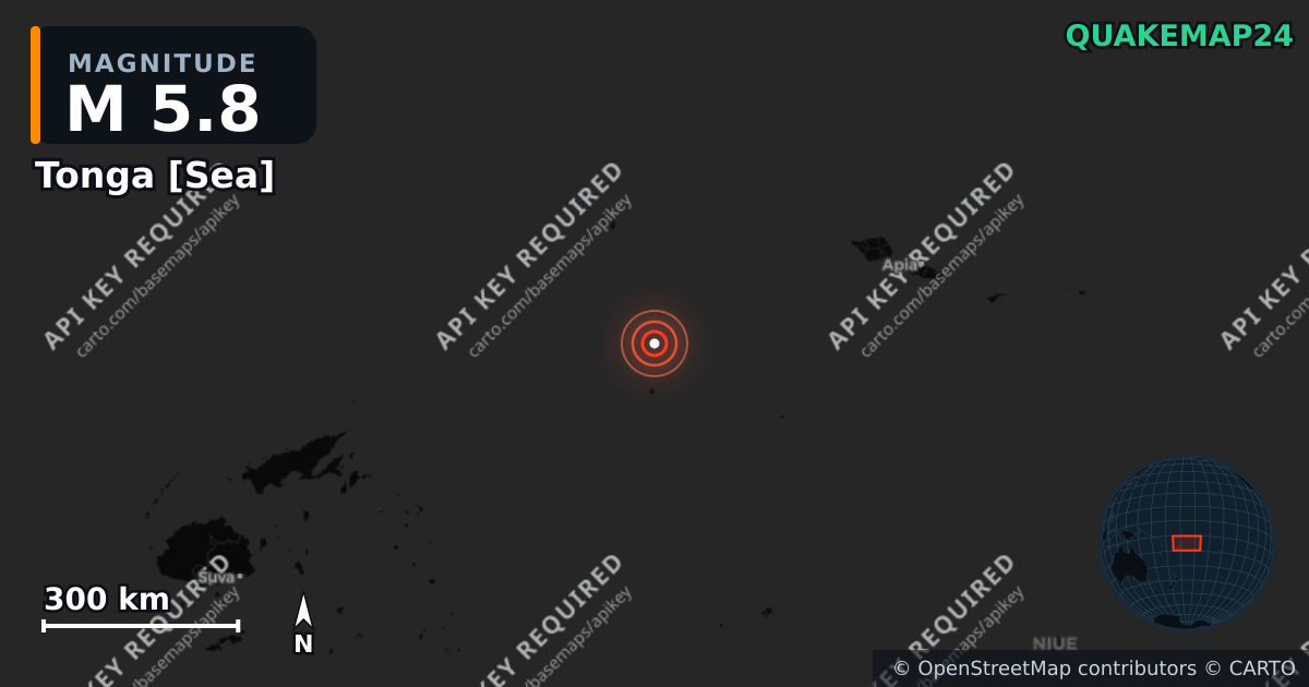 M5.8 earthquake near Tonga [Sea] on Nov 14, 2025 — map of epicenter and shaking intensity | QuakeMap24