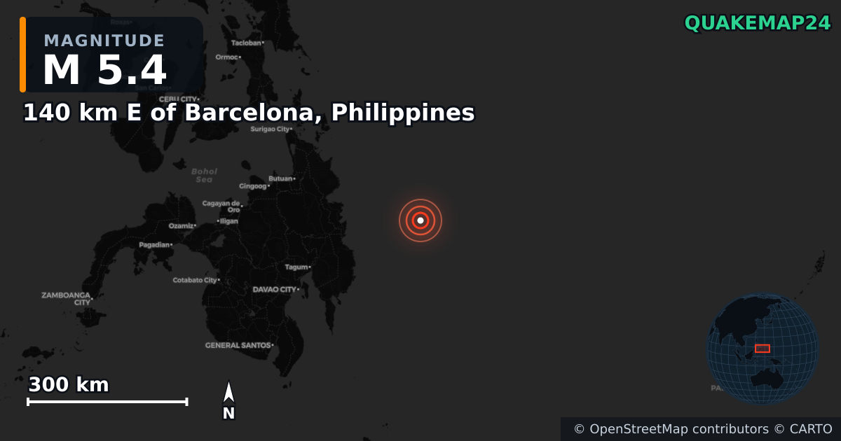 M5.4 earthquake near 140 km E of Barcelona, Philippines on Jul 19, 2025 — map of epicenter and shaking intensity | QuakeMap24
