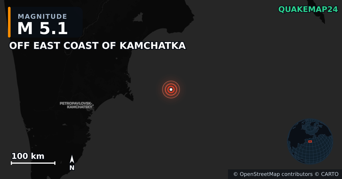 M5.1 earthquake near OFF EAST COAST OF KAMCHATKA on Oct 18, 2025 — map of epicenter and shaking intensity | QuakeMap24
