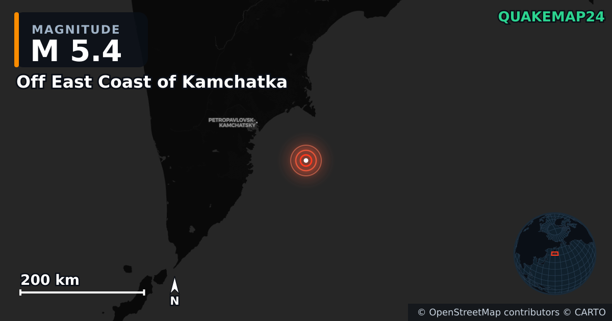 M5.4 earthquake near Off East Coast of Kamchatka on Sep 17, 2025 — map of epicenter and shaking intensity | QuakeMap24