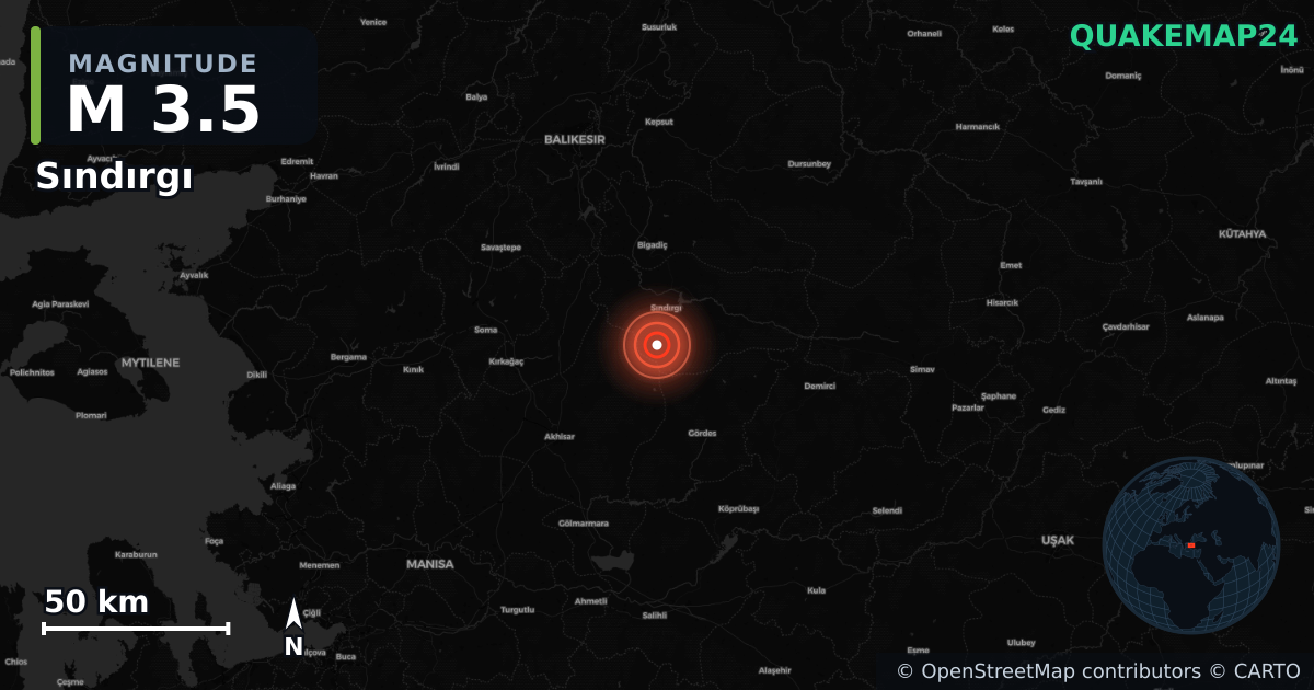 M3.5 earthquake near Sındırgı on Aug 10, 2025 — map of epicenter and shaking intensity | QuakeMap24
