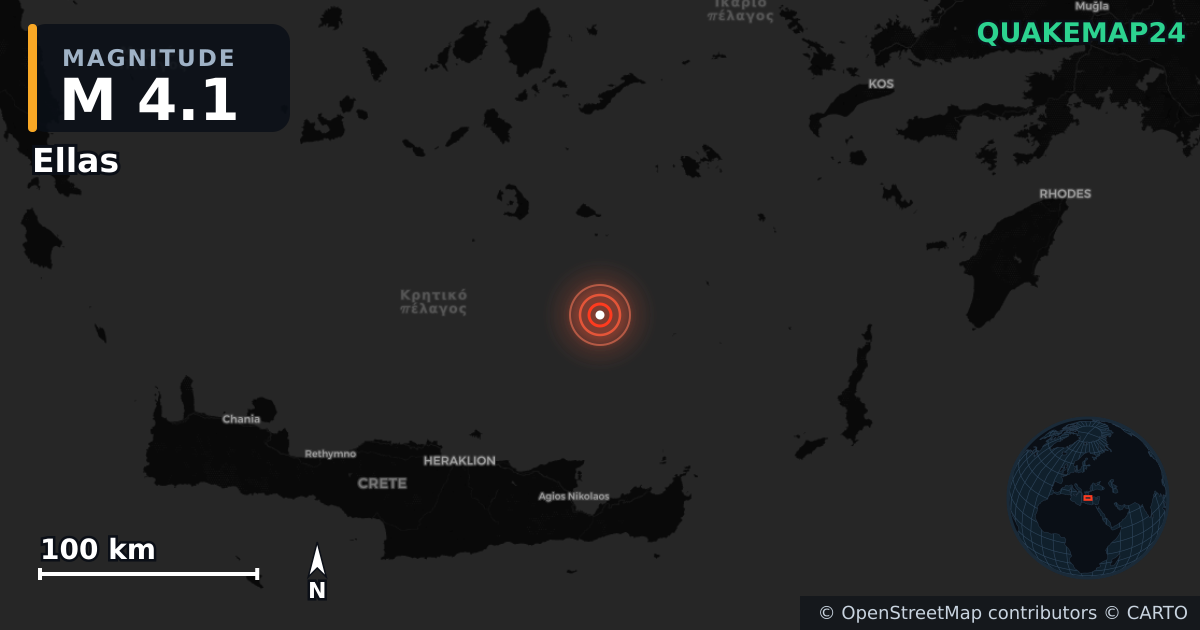M4.1 earthquake near Ellas on Feb 10, 2026 — map of epicenter and shaking intensity | QuakeMap24