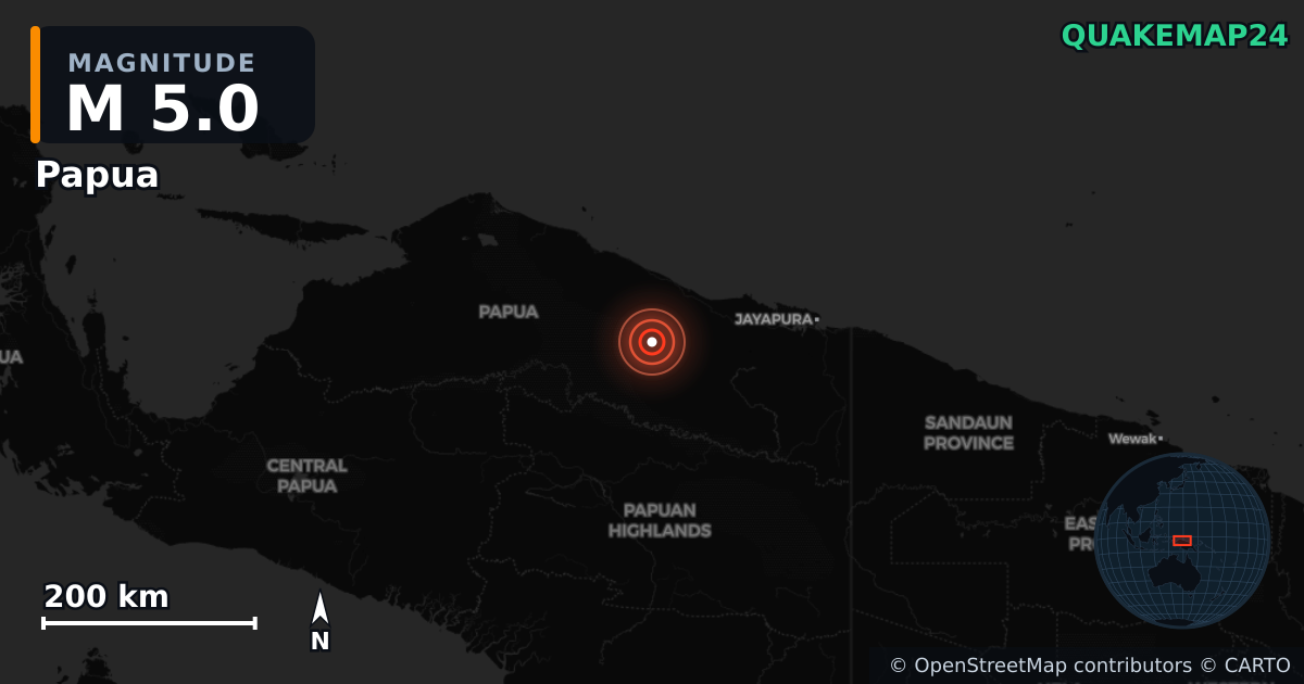 M5.0 earthquake near Papua on Oct 12, 2025 — map of epicenter and shaking intensity | QuakeMap24