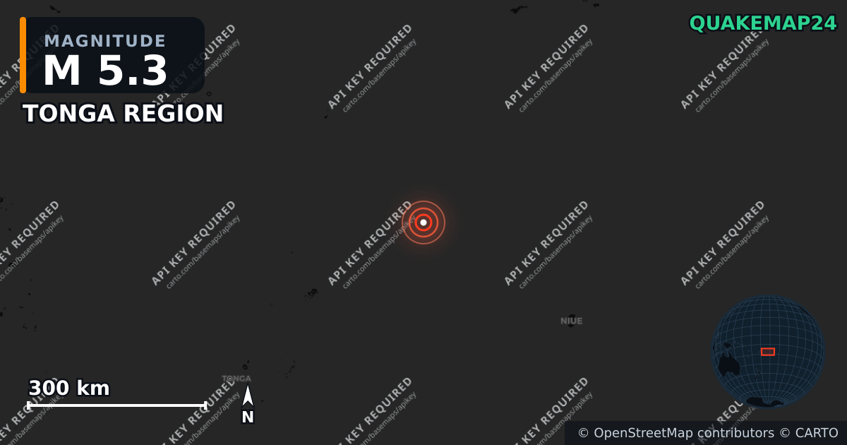M5.3 earthquake near TONGA REGION on Jun 6, 2026 — map of epicenter and shaking intensity | QuakeMap24