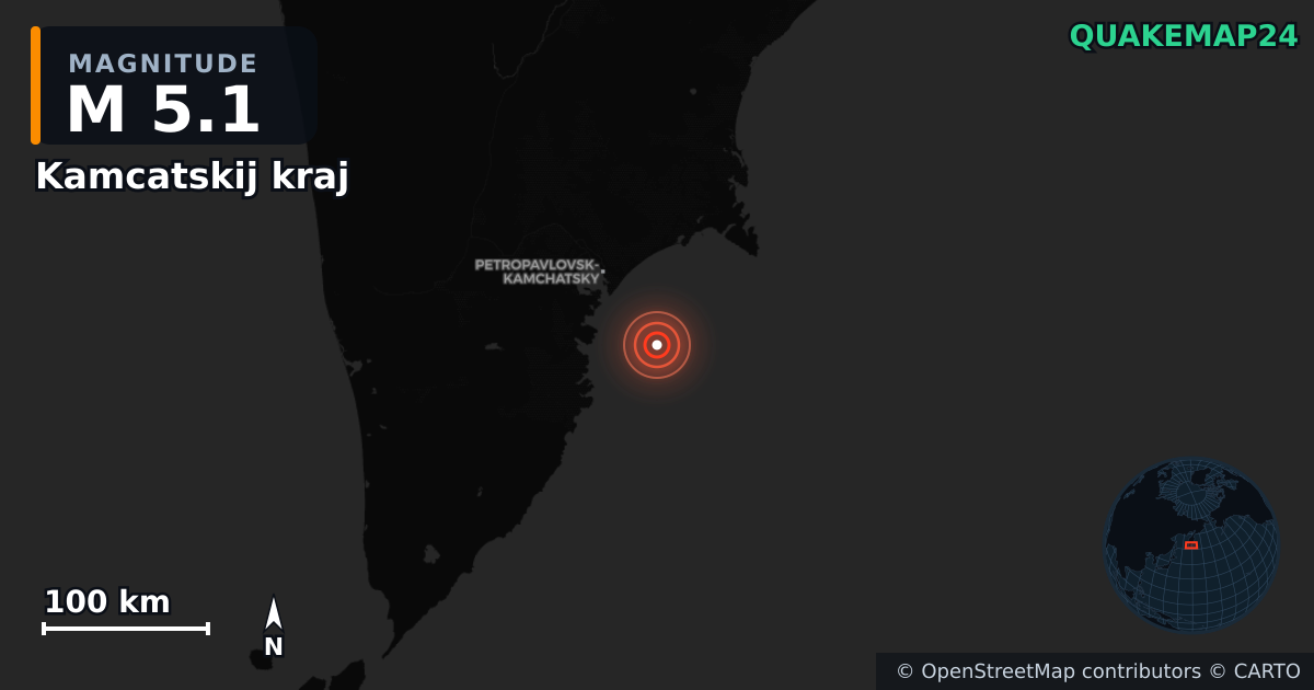 M5.1 earthquake near Kamcatskij kraj on Jul 24, 2025 — map of epicenter and shaking intensity | QuakeMap24