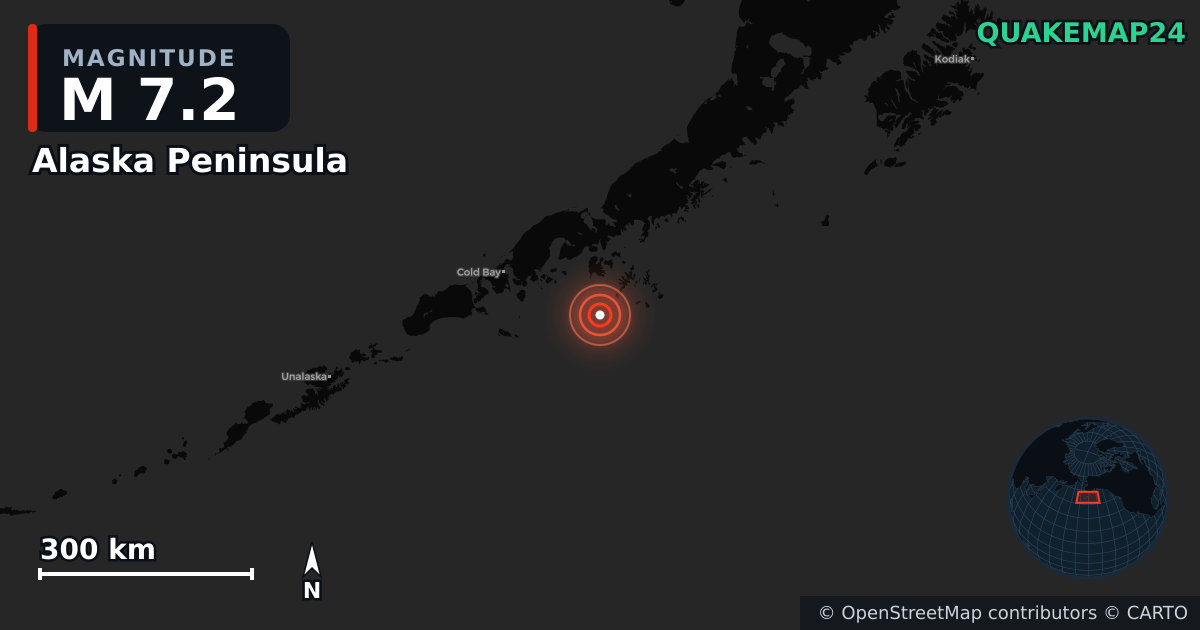 M7.2 earthquake near Alaska Peninsula on Jul 16, 2025 — map of epicenter and shaking intensity | QuakeMap24