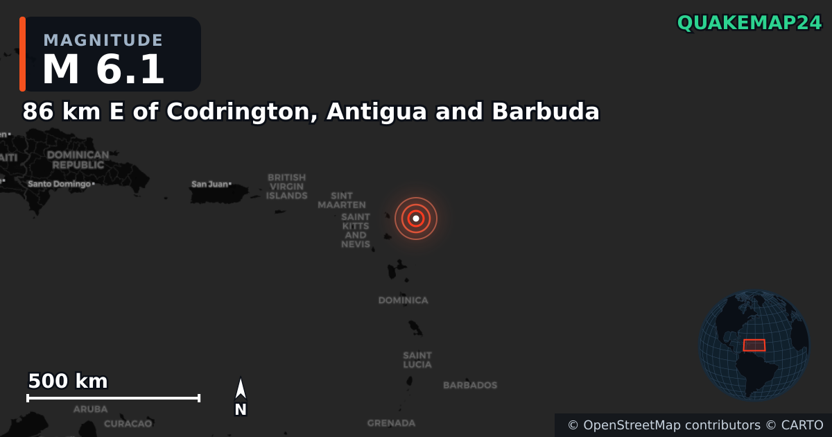 Σεισμός M6,1 κοντά στο 86 km E of Codrington, Antigua and Barbuda — Χάρτης της θέσης του επικέντρου