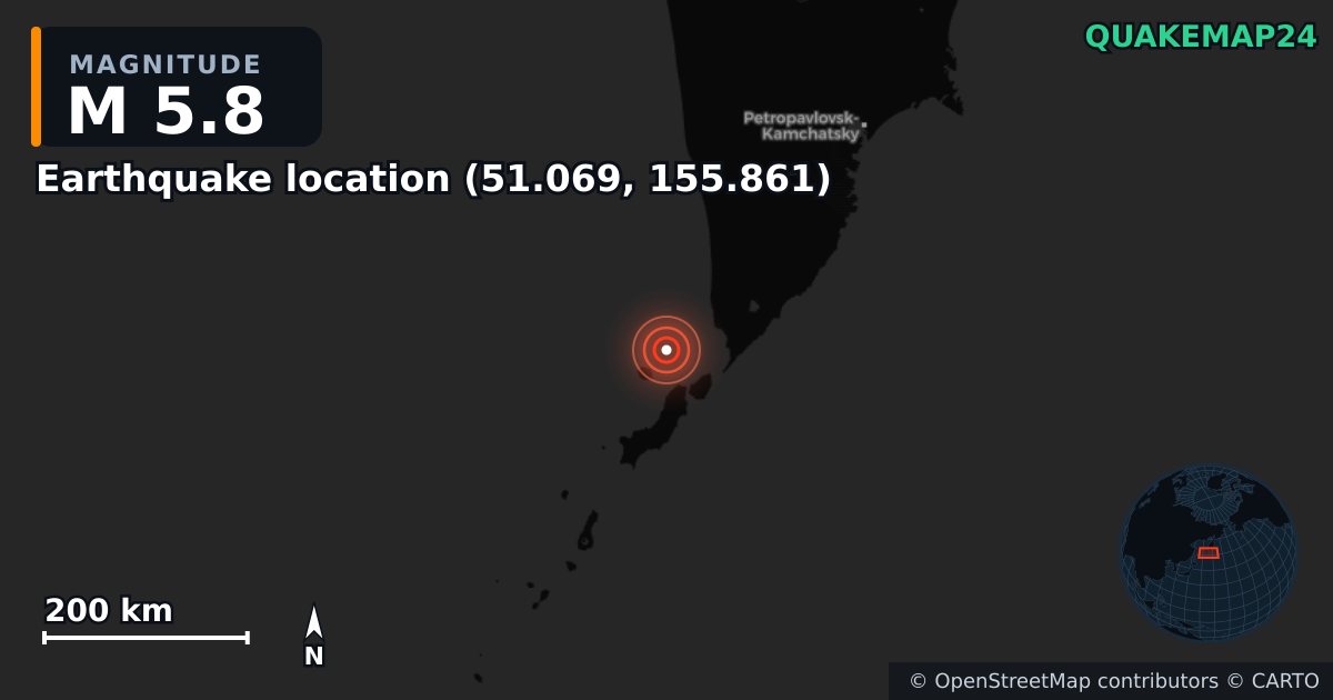 M5.8 earthquake near Deprem konumu (51.069, 155.861) on Aug 6, 2025 — map of epicenter and shaking intensity | QuakeMap24