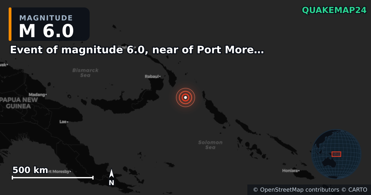 M6.0 earthquake near Event of magnitude 6.0, near of Port Moresby (Monde) on Sep 16, 2025 — map of epicenter and shaking intensity | QuakeMap24