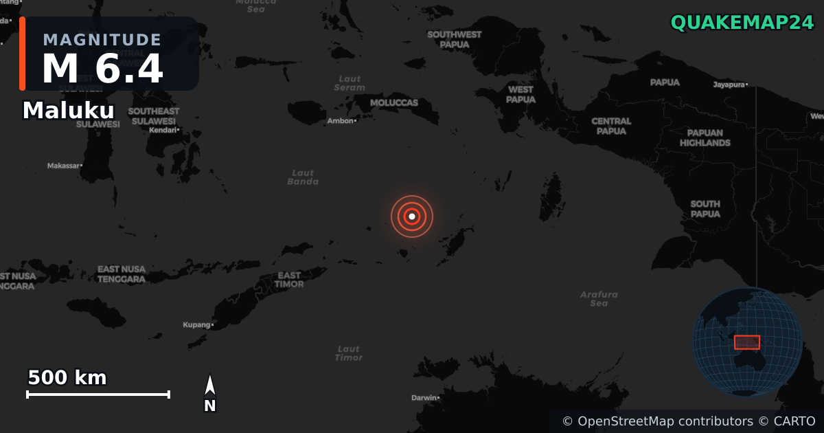 M6.4 earthquake near Maluku on Oct 28, 2025 — map of epicenter and shaking intensity | QuakeMap24