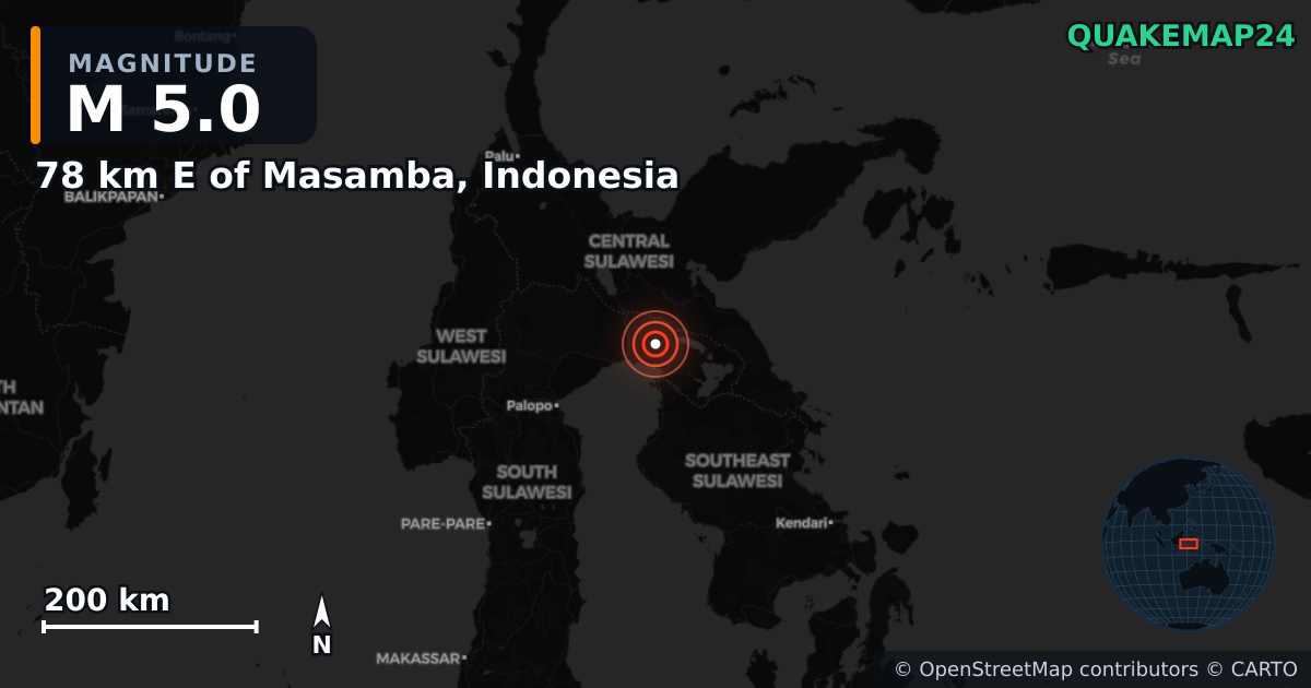 M5.0 earthquake near 78 km E of Masamba, Indonesia on Mar 7, 2025 — map of epicenter and shaking intensity | QuakeMap24