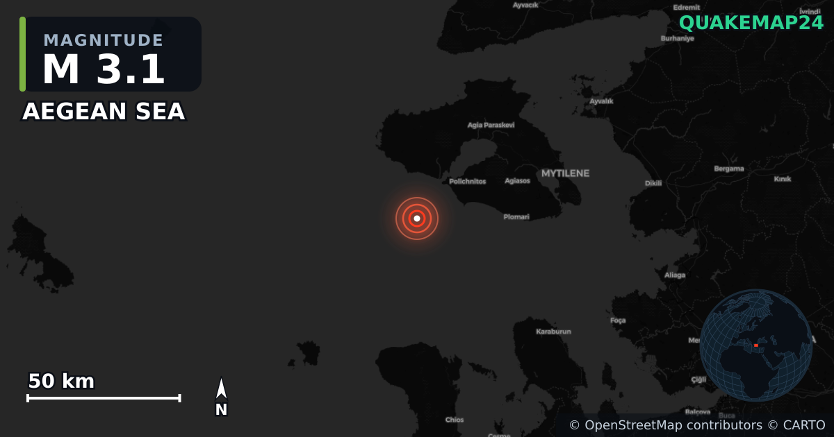 M3.1 earthquake near AEGEAN SEA on Jul 10, 2025 — map of epicenter and shaking intensity | QuakeMap24