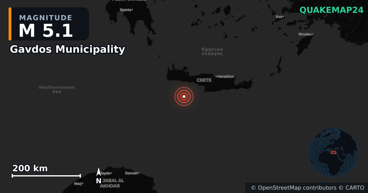 M5.1 Earthquake near Gavdos Municipality, Region of Crete (Greece) · 2026-06-20 — Map showing the location of the epicenter