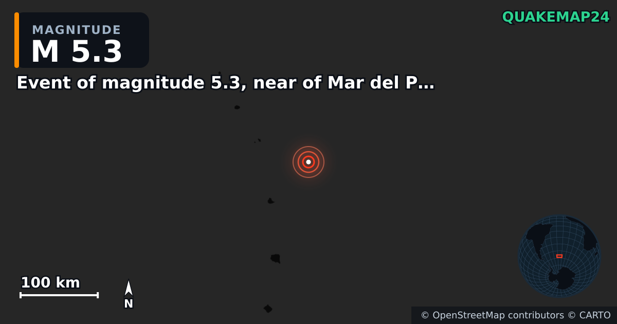 M5.3 earthquake near Event of magnitude 5.3, near of Mar del Plata (Monde) on Jan 2, 2026 — map of epicenter and shaking intensity | QuakeMap24
