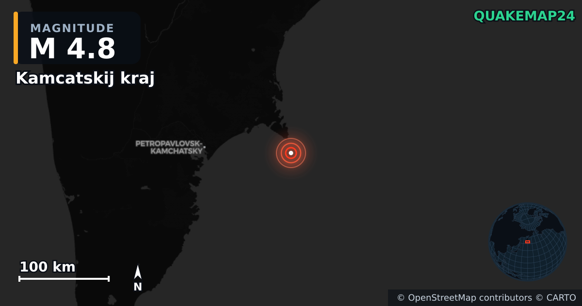 M4.8 earthquake near Kamcatskij kraj on Nov 16, 2025 — map of epicenter and shaking intensity | QuakeMap24
