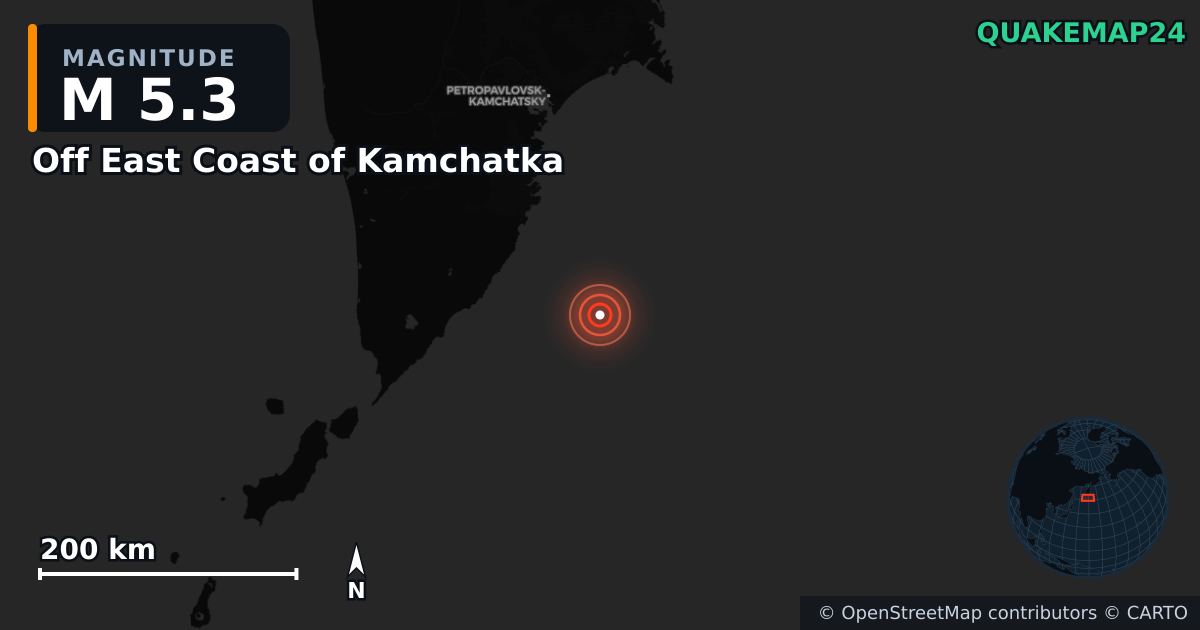 Off East Coast of Kamchatka yakınında M5,3 deprem — Deprem merkez üssünün konumunu gösteren harita