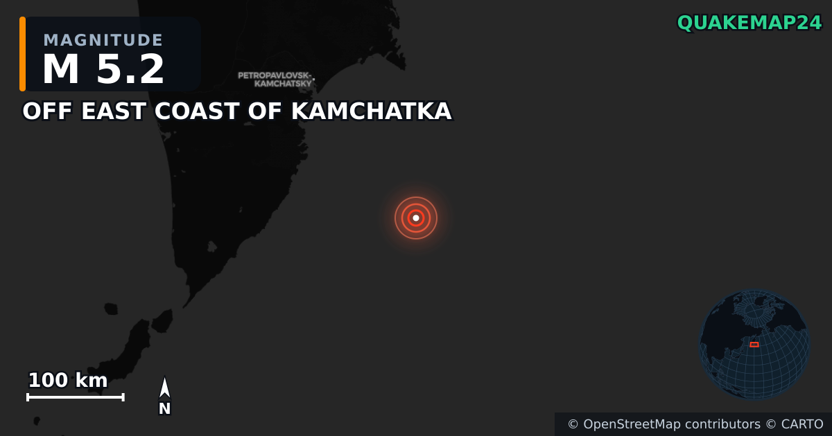 OFF EAST COAST OF KAMCHATKA yakınında M5,2 deprem — Deprem merkez üssünün konumunu gösteren harita