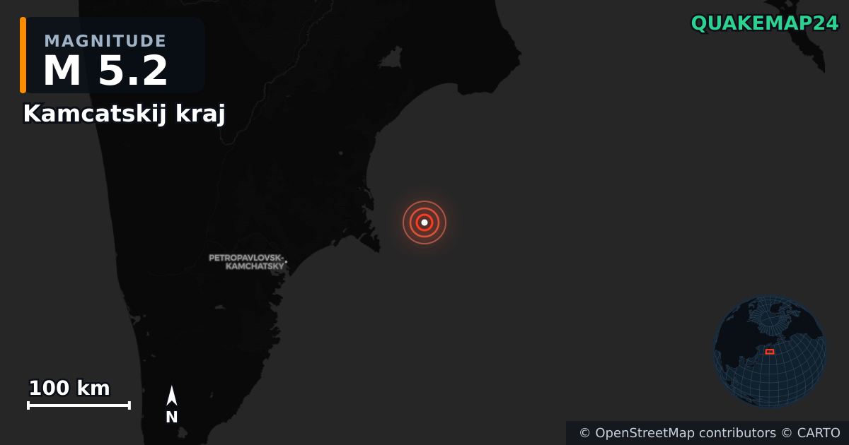 M5.2 earthquake near Kamcatskij kraj on Sep 19, 2025 — map of epicenter and shaking intensity | QuakeMap24