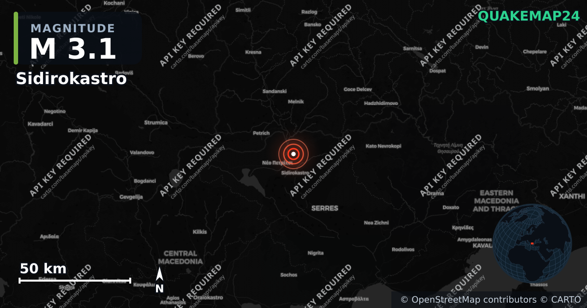 M3.1 earthquake near Sidirokastro on Aug 27, 2026 — map of epicenter and shaking intensity | QuakeMap24