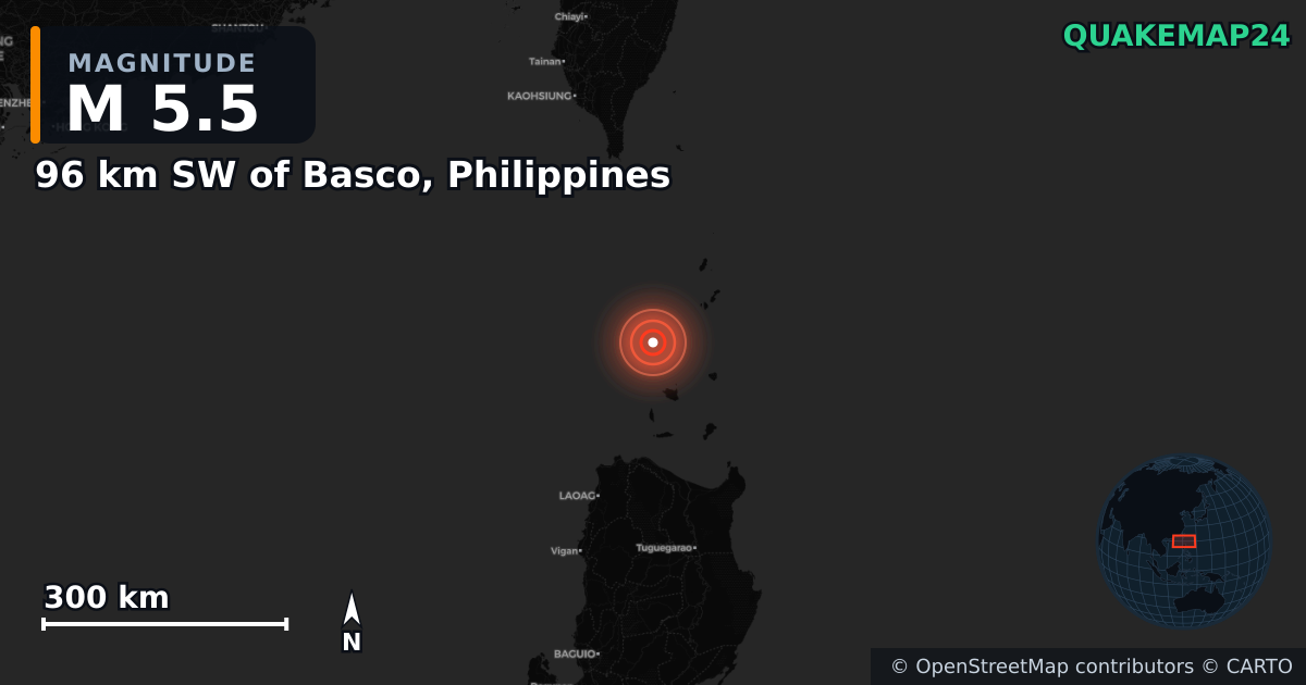 M5.5 earthquake near 96 km SW of Basco, Philippines on Dec 18, 2025 — map of epicenter and shaking intensity | QuakeMap24
