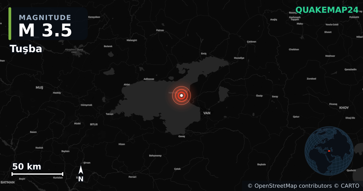 M3.5 earthquake near Tuşba on Feb 23, 2026 — map of epicenter and shaking intensity | QuakeMap24
