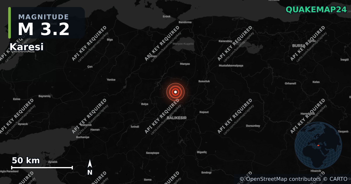 M3.2 earthquake near Karesi on Aug 29, 2026 — map of epicenter and shaking intensity | QuakeMap24