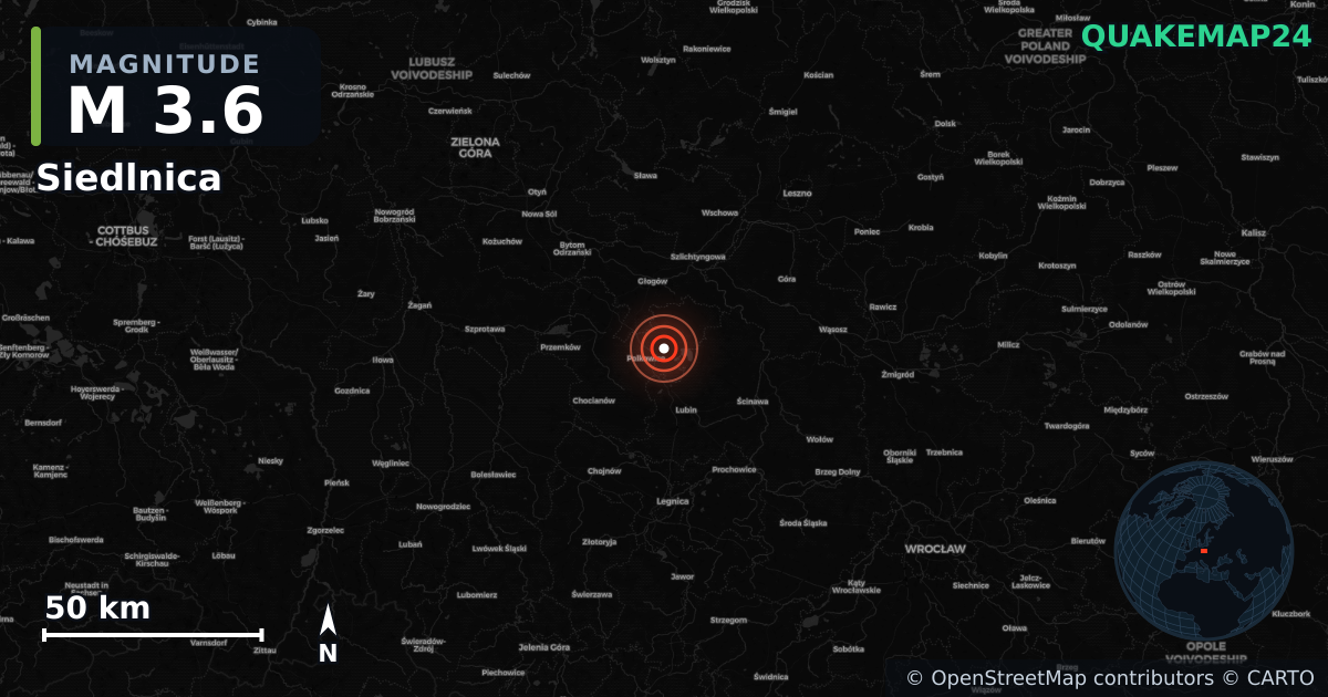 M3.6 earthquake near Siedlnica on Jan 28, 2025 — map of epicenter and shaking intensity | QuakeMap24