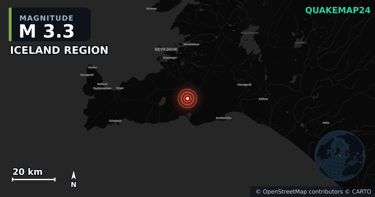 M3.3 earthquake near ICELAND REGION on Aug 7, 2025 — map of epicenter and shaking intensity | QuakeMap24