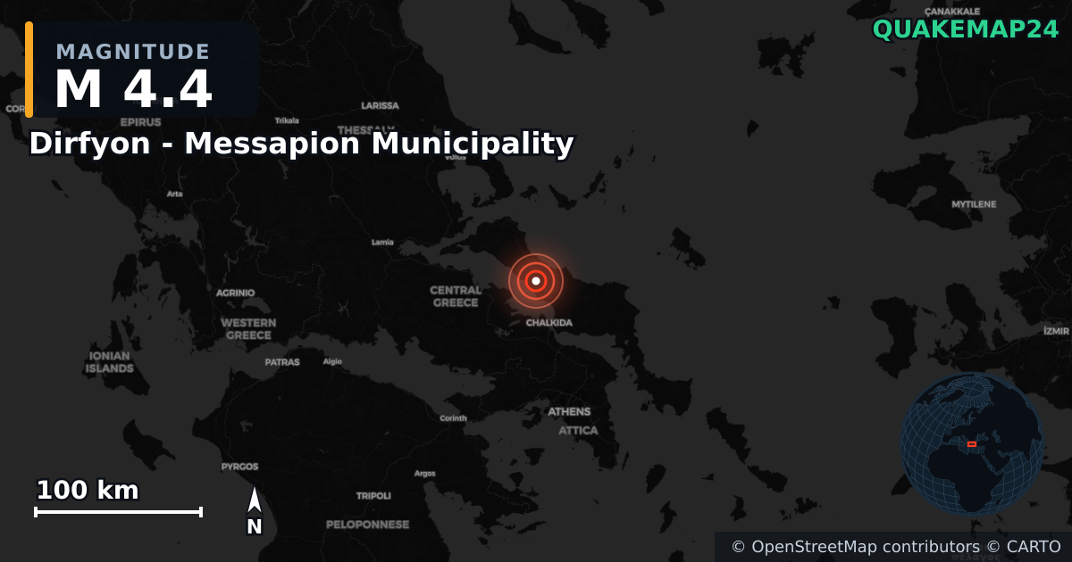 M4.4 earthquake near Dirfyon - Messapion Municipality on Jun 8, 2026 — map of epicenter and shaking intensity | QuakeMap24
