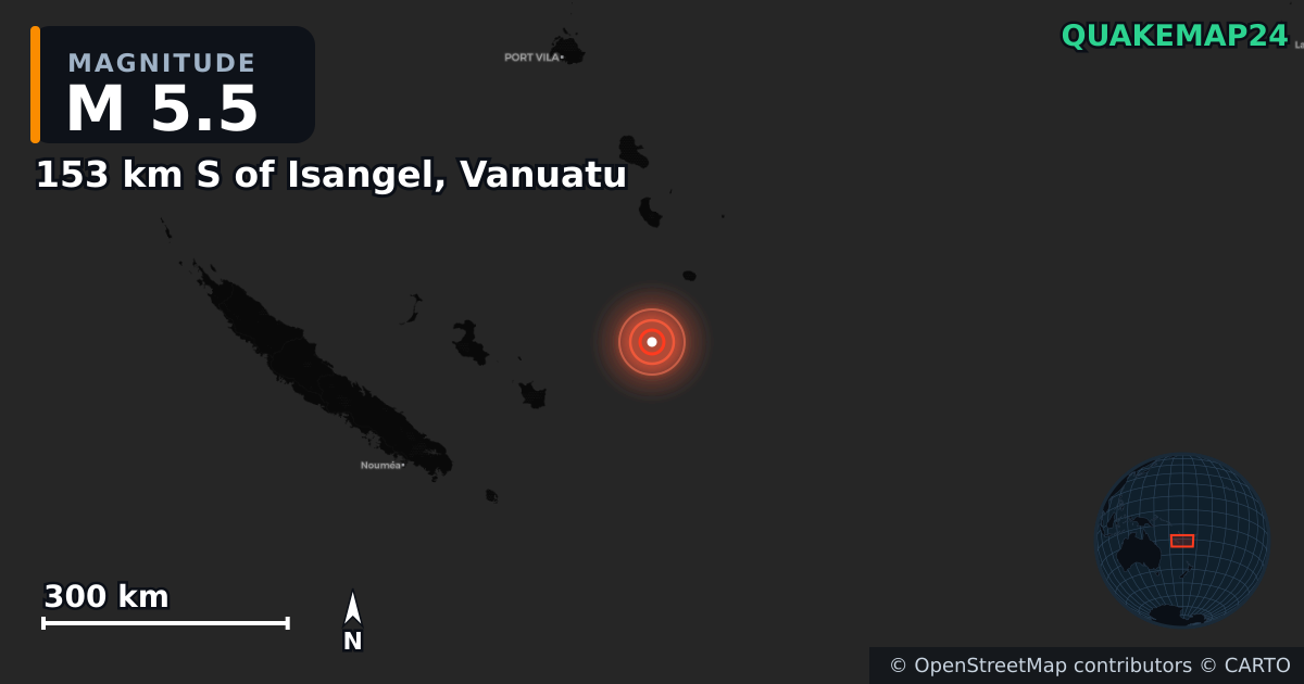 M5.5 earthquake near 153 km S of Isangel, Vanuatu on Jan 1, 2025 — map of epicenter and shaking intensity | QuakeMap24
