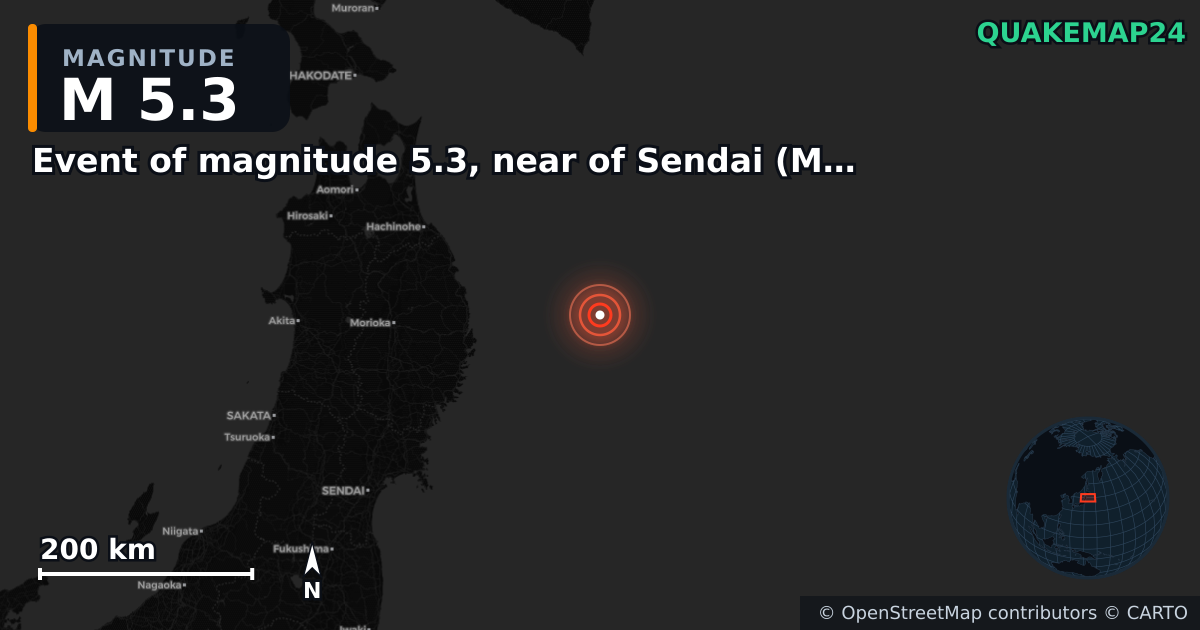 M5.3 earthquake near Event of magnitude 5.3, near of Sendai (Monde) on Nov 21, 2025 — map of epicenter and shaking intensity | QuakeMap24