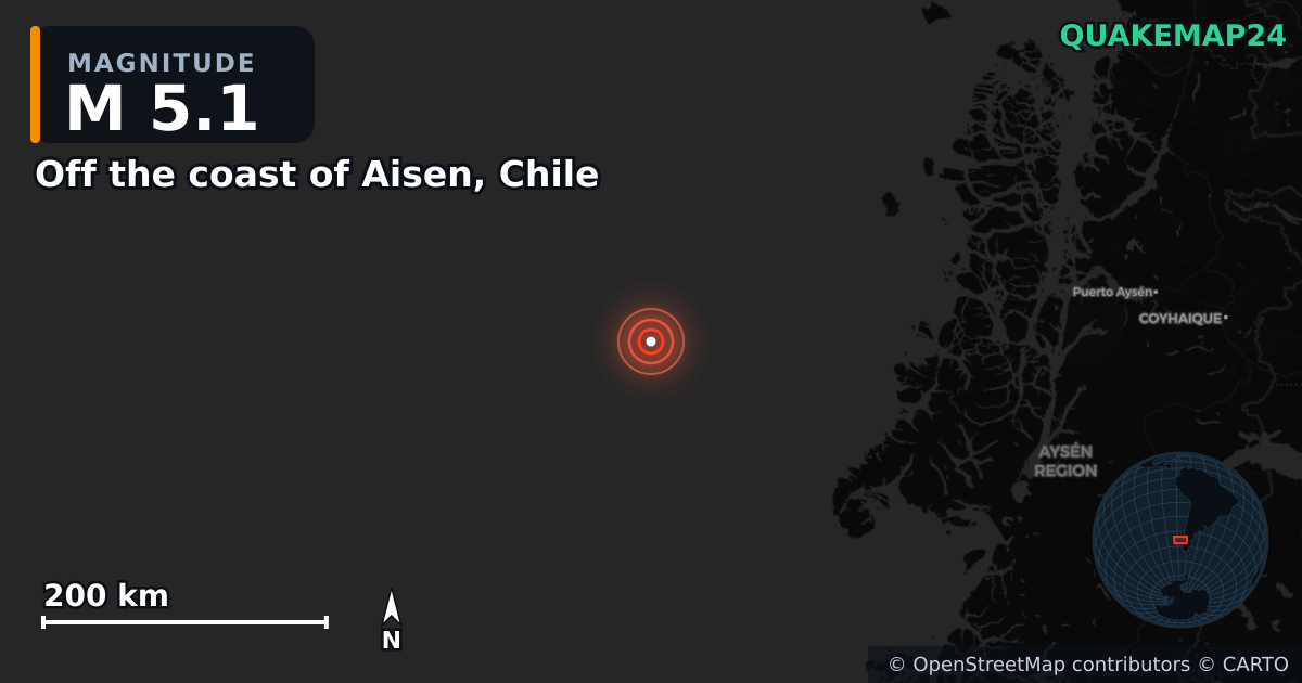 Erdbeben M5,1 bei Off the coast of Aisen, Chile · 2025-02-24 — Karte der Lage des Epizentrums