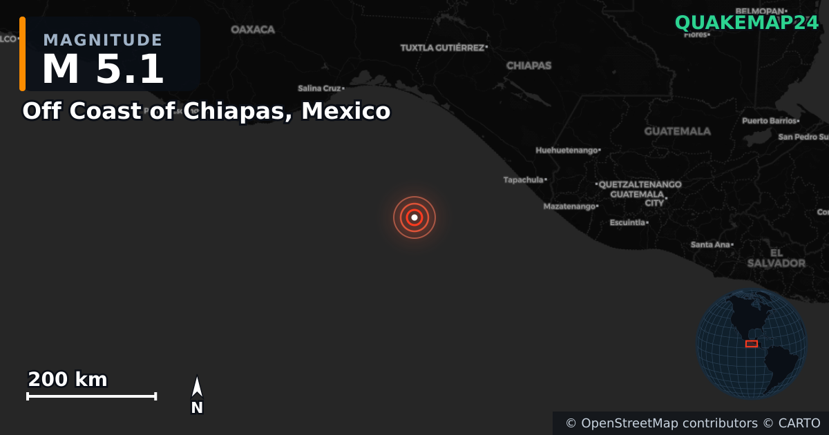M5.1 earthquake near Off Coast of Chiapas, Mexico on Jul 17, 2026 — map of epicenter and shaking intensity | QuakeMap24