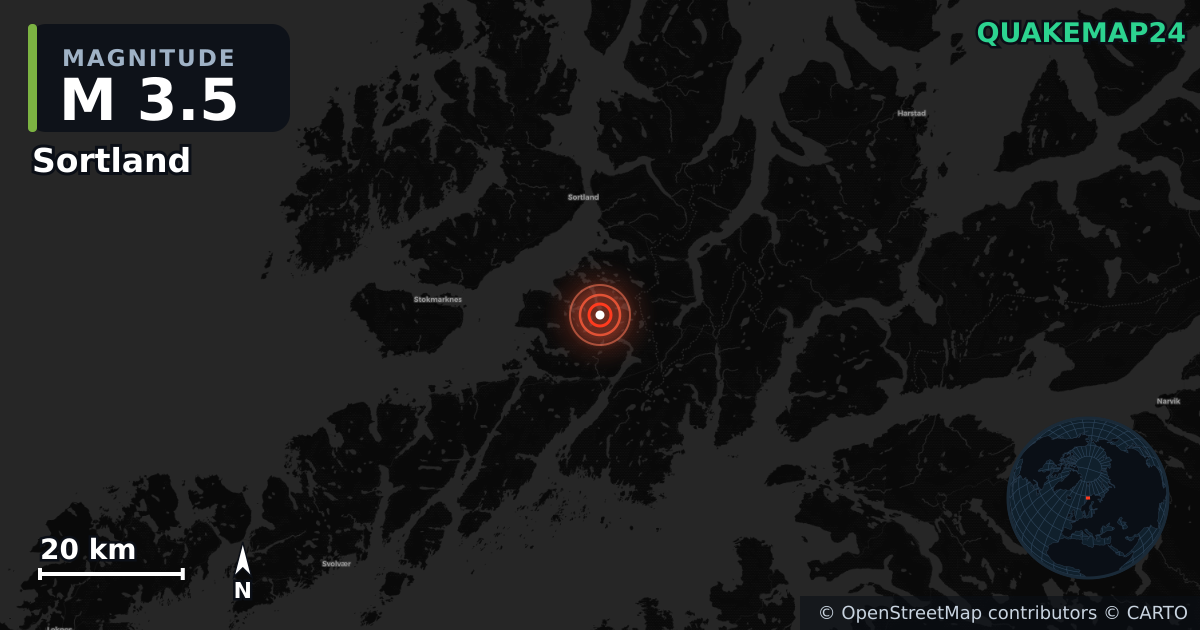 M3.5 earthquake near Sortland on Jan 15, 2025 — map of epicenter and shaking intensity | QuakeMap24