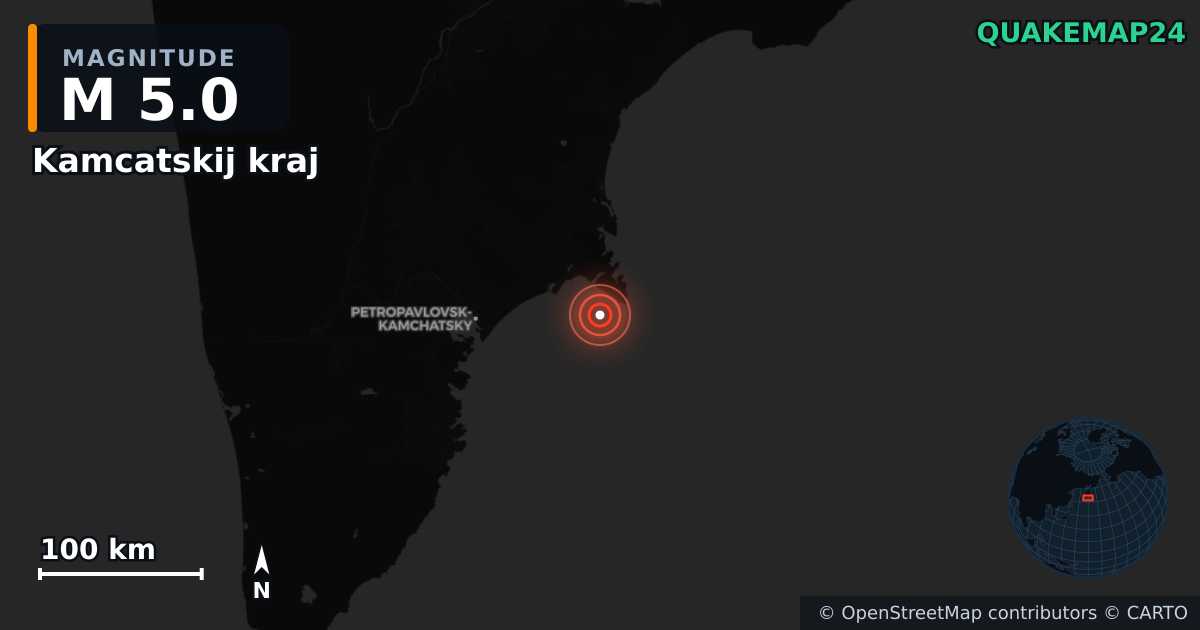 M5.0 earthquake near Kamcatskij kraj on Sep 19, 2025 — map of epicenter and shaking intensity | QuakeMap24