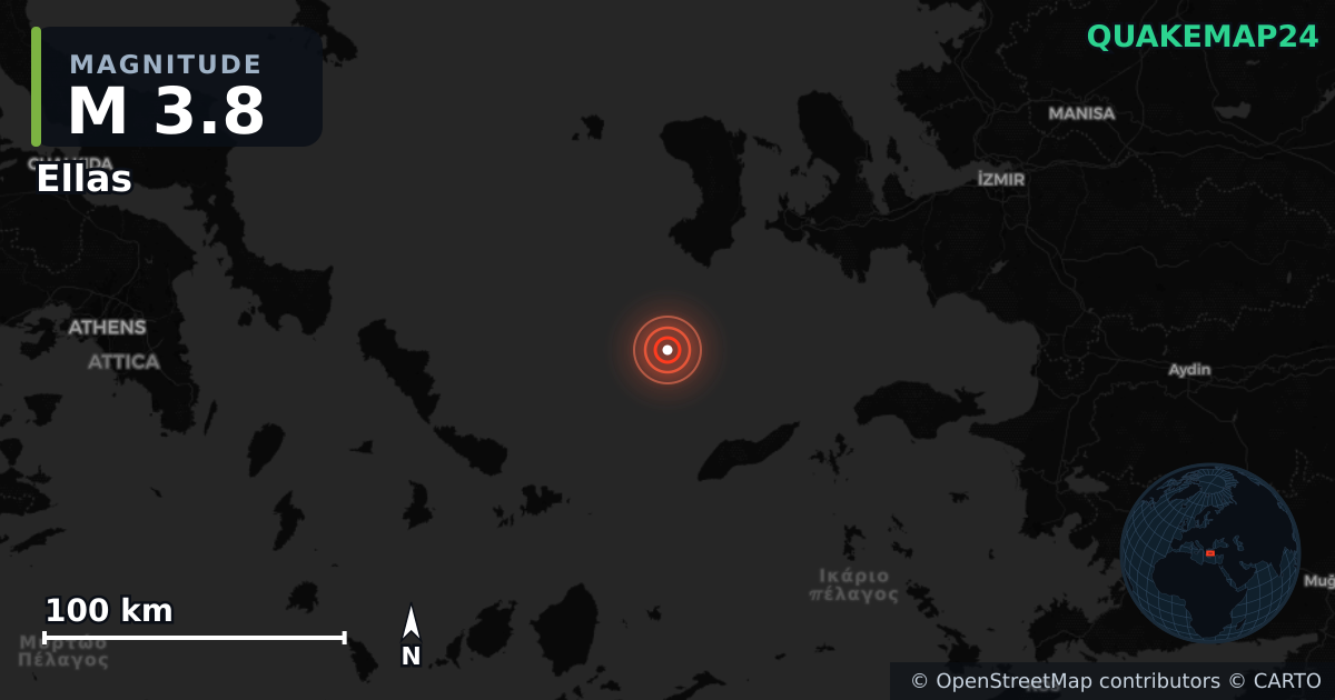 M3.8 earthquake near Ellas on Sep 22, 2025 — map of epicenter and shaking intensity | QuakeMap24