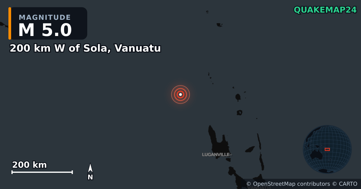 Σεισμός M5,0 κοντά στο 200 km W of Sola, Vanuatu · 2026-10-28 — Χάρτης της θέσης του επικέντρου