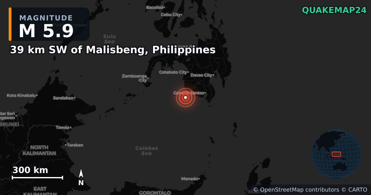 M5.9 earthquake near 39 km SW of Malisbeng, Philippines on Apr 19, 2025 — map of epicenter and shaking intensity | QuakeMap24