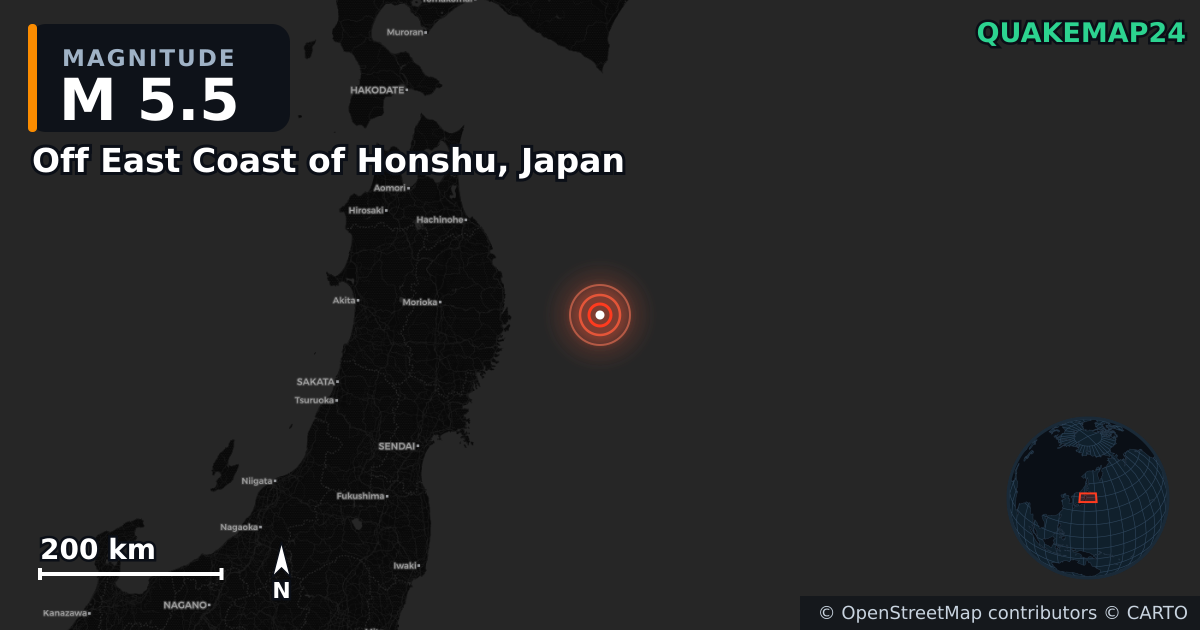 M5.5 earthquake near Off East Coast of Honshu, Japan on Apr 20, 2026 — map of epicenter and shaking intensity | QuakeMap24