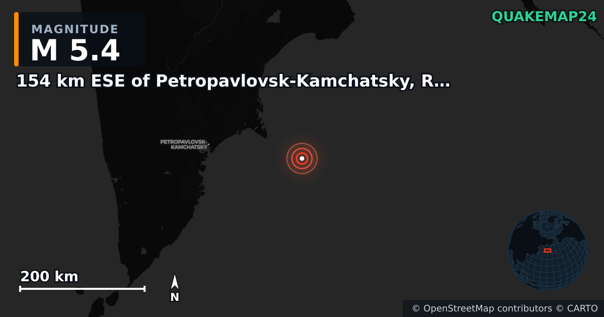 M5.4 earthquake near 154 km ESE of Petropavlovsk-Kamchatsky, Russia on Sep 18, 2025 — map of epicenter and shaking intensity | QuakeMap24