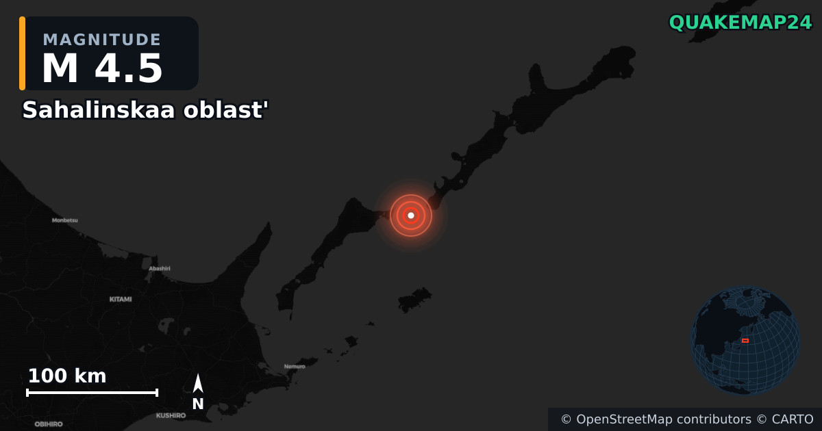 M4.5 earthquake near Sahalinskaa oblast' on Jul 23, 2025 — map of epicenter and shaking intensity | QuakeMap24