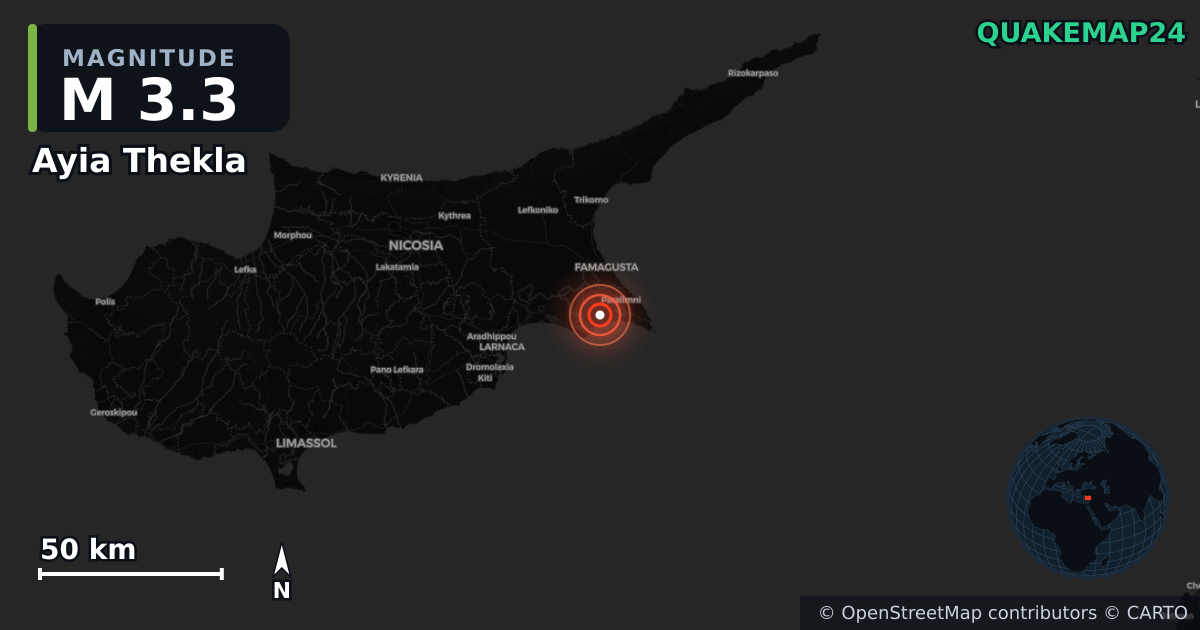 Sismo de M3,3 perto de Ayia Thekla, Cyprus (Chipre) · 2026-10-09 — Mapa da localização do epicentro