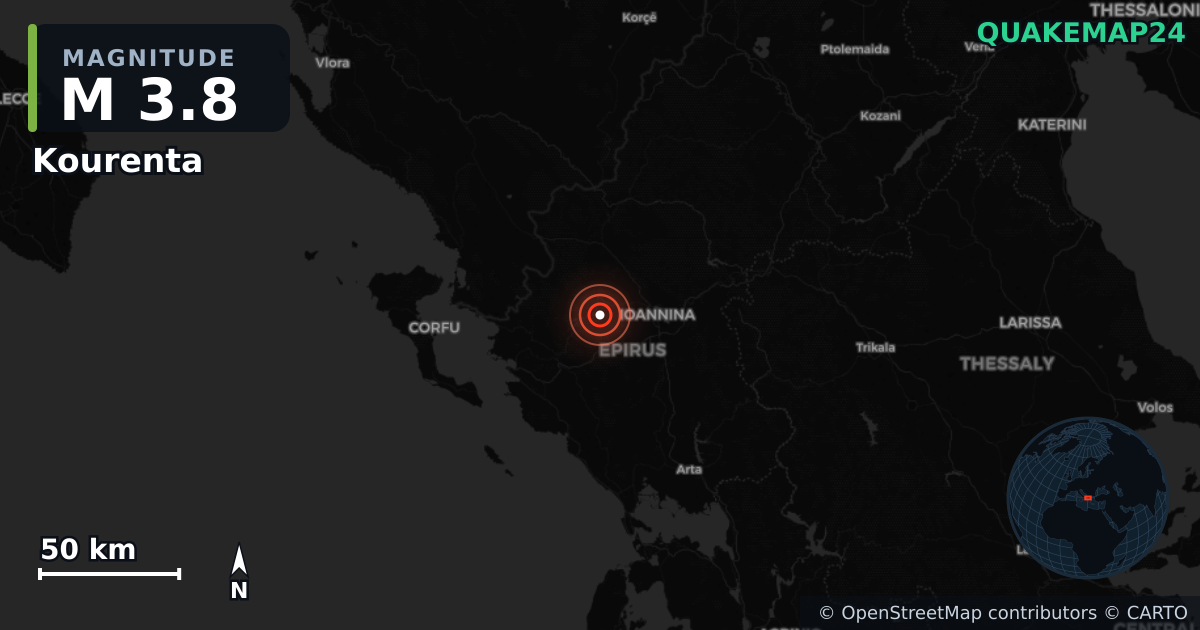 M3.8 earthquake near Kourenta on May 17, 2026 — map of epicenter and shaking intensity | QuakeMap24