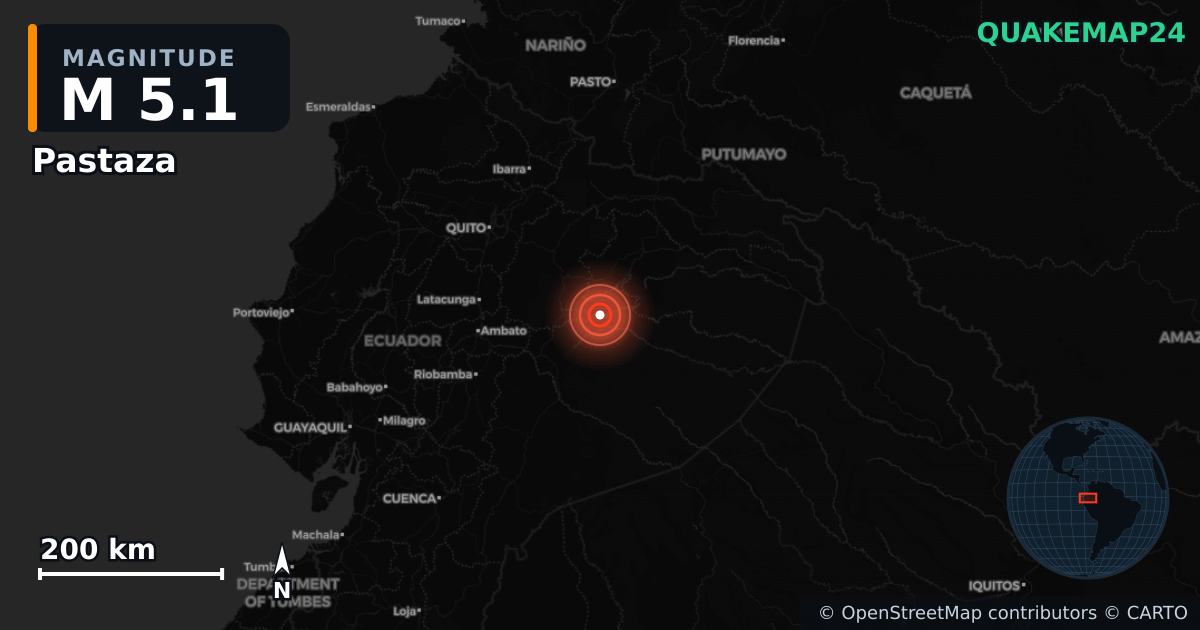 M5.1 earthquake near Pastaza on Jun 17, 2025 — map of epicenter and shaking intensity | QuakeMap24