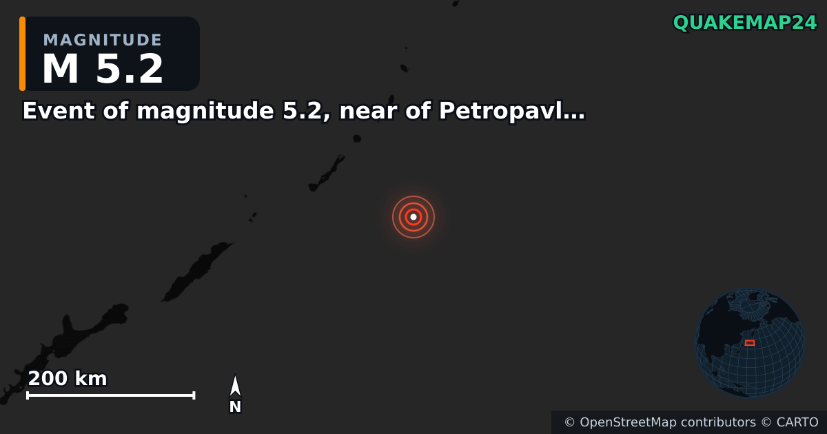 M5.2 earthquake near Event of magnitude 5.2, near of Petropavlovsk Kamchatskiy (Monde) on Mar 14, 2026 — map of epicenter and shaking intensity | QuakeMap24
