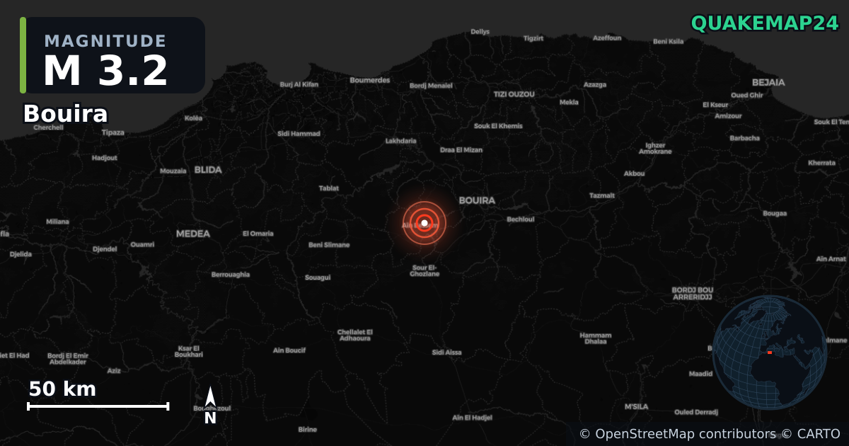 M3.2 earthquake near Bouira on Oct 18, 2025 — map of epicenter and shaking intensity | QuakeMap24
