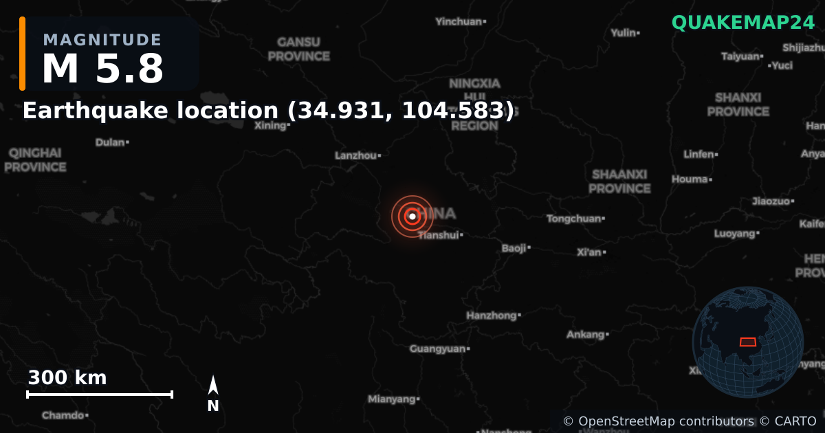M5.8 earthquake near Deprem konumu (34.931, 104.583) on Sep 26, 2025 — map of epicenter and shaking intensity | QuakeMap24
